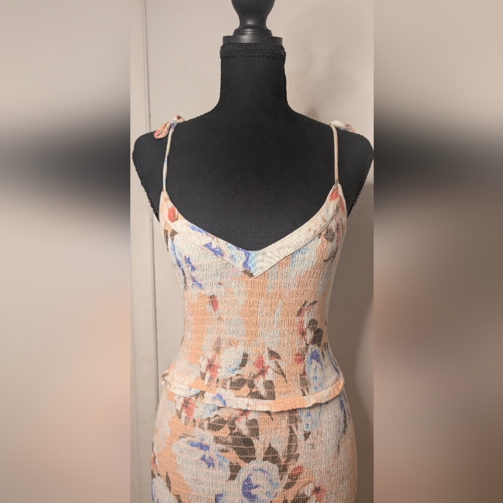 Express Floral Smocked Mini Dress XS Tie Strap Ruffle Hem